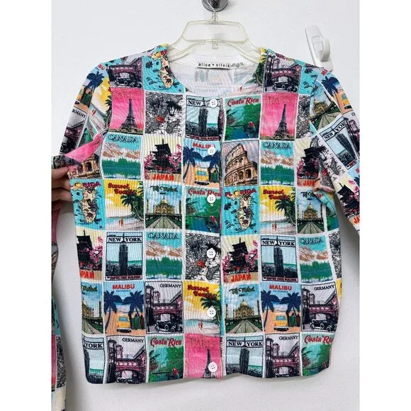 Alice Olivia Sheila Wanderlust Cardigan Sweater Postcard Travel